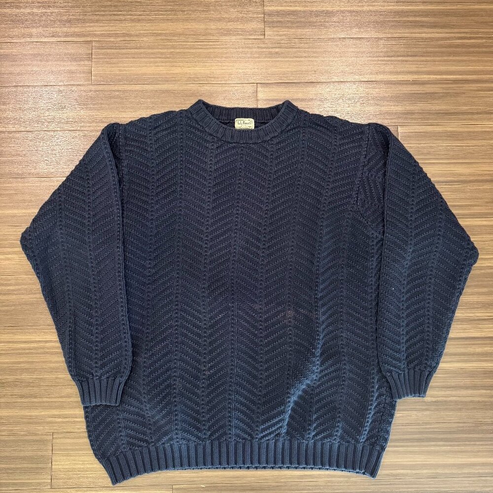 Vintage LL Bean Fisherman Chevron Textured Knit Navy Sweater XXL Tall Cotton